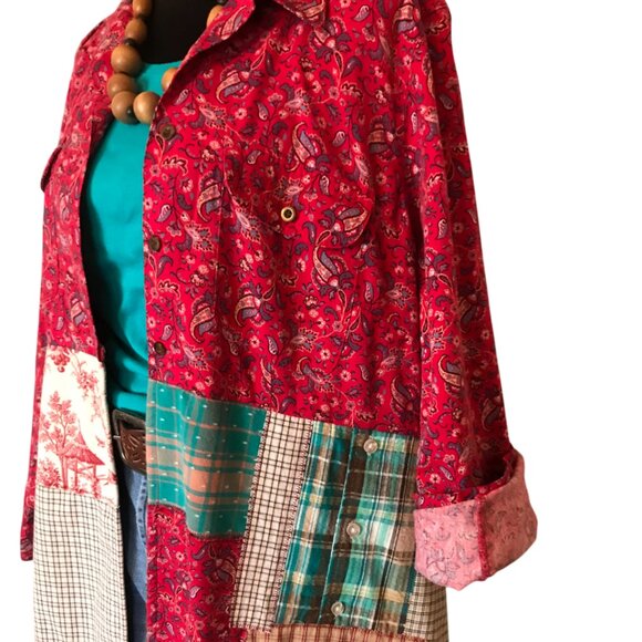 Boho Patchwork Duster, L: Upcycled Heavyweight Hippie Jacket, Paisley Floral - Picture 5 of 11